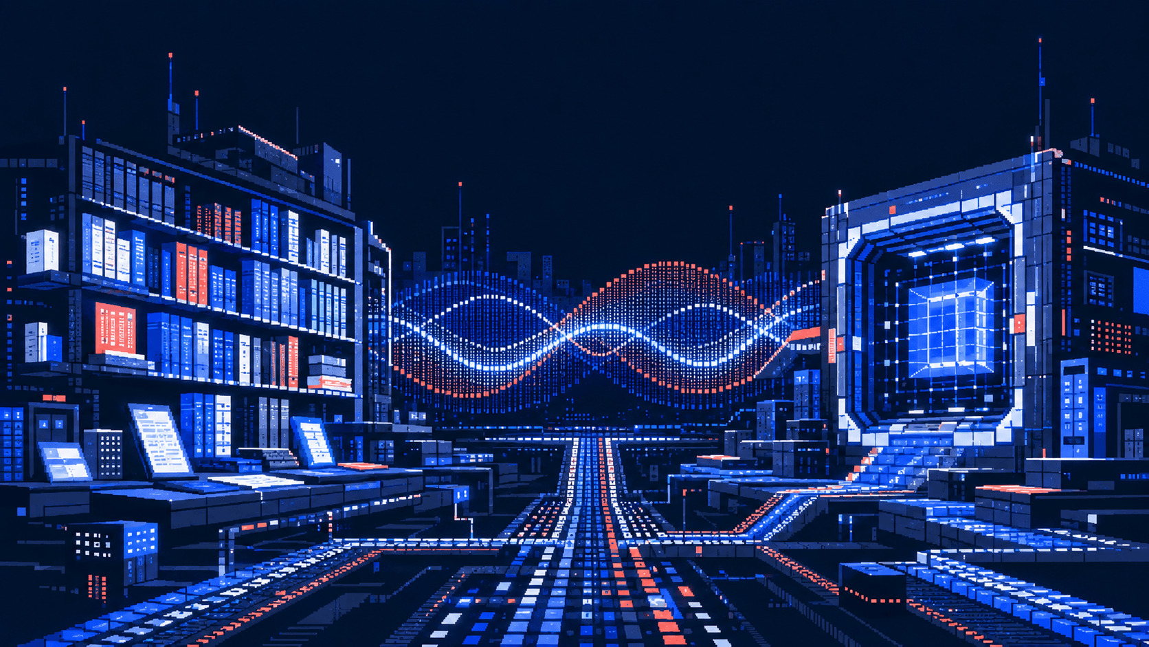 Pixel-art landscape representing knowledge, human understanding and AI security